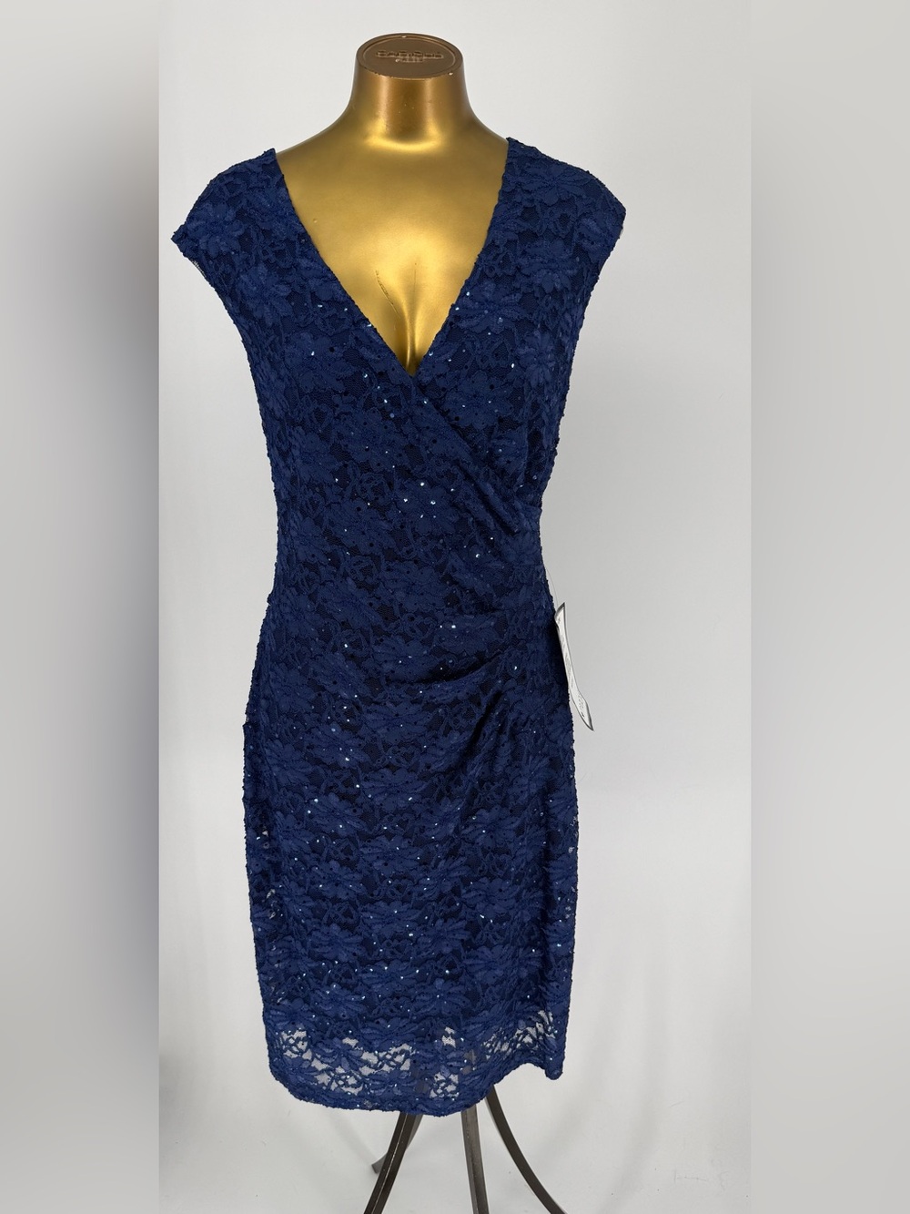 Connected Apparel Navy Lace V-Neck Sheath Dress with Sequin Detail Size 14